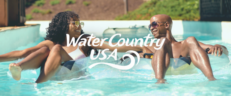 Water Country USA logo with a man & woman floating on a lazy river in background